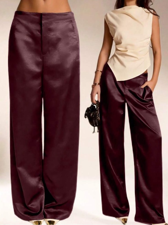 Rebellious Rose Pants - Women's Satin Solid Color Pocket Zipper Long Pants,